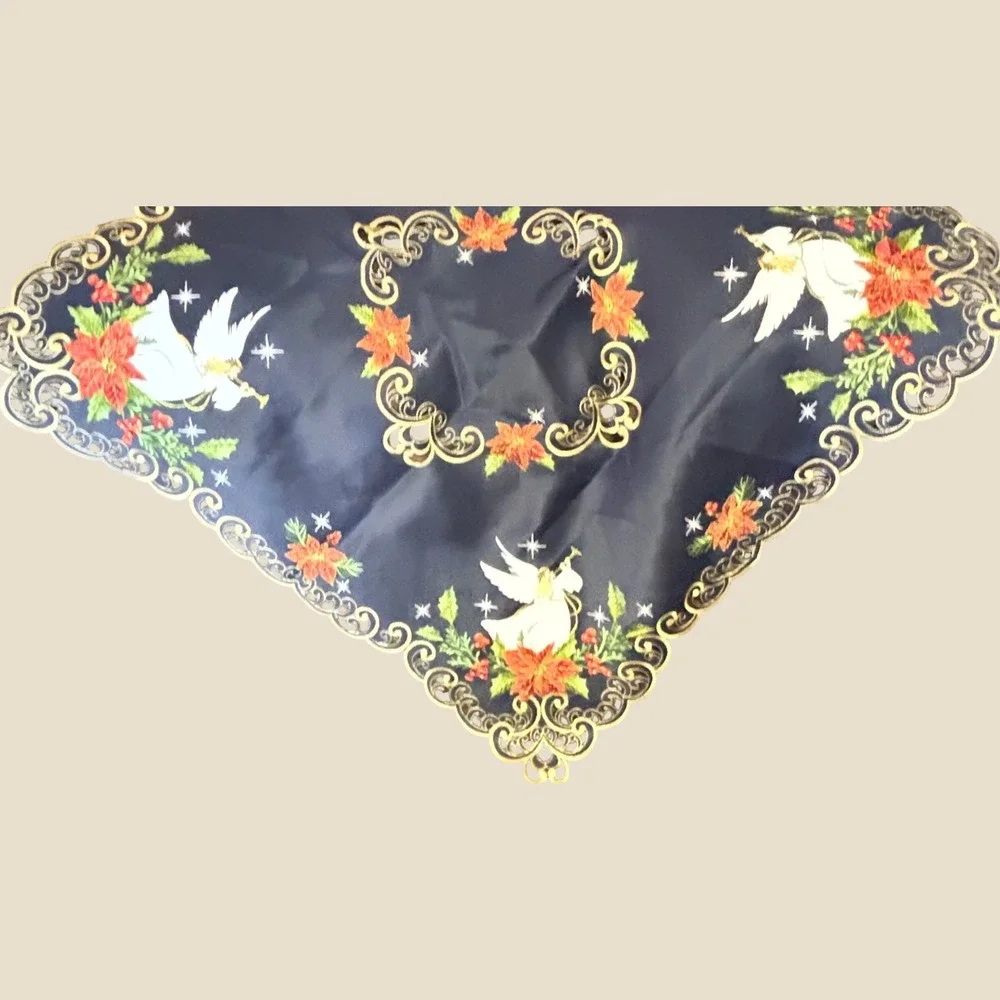 Vintage Square Table Topper 33in Navy Blue Angel Poinsettia Holiday Christmas